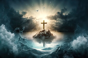 Ein Kreuz in der Mitte des Ozeans mit biblischer Lichtstimmung und Wellen im Vordergrund - obrazy, fototapety, plakaty