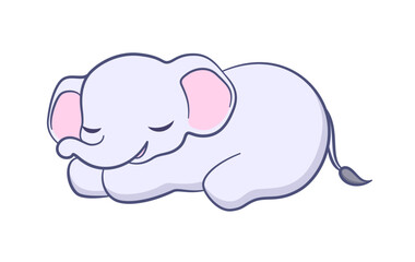 Cute baby elephant sleeping resting cartoon illustration. Animal mammal with big ears and trunk clipart for kids.
