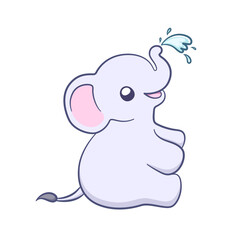 Cute baby elephant spraying water with trunk cartoon illustration. Animal mammal with big ears and trunk clipart for kids.