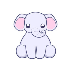 Cute sitting baby elephant front view cartoon illustration. Animal mammal with big ears and trunk clipart for kids.