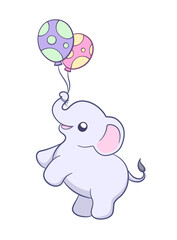Cute baby elephant holding balloons cartoon illustration. Animal mammal with big ears and trunk clipart for kids.