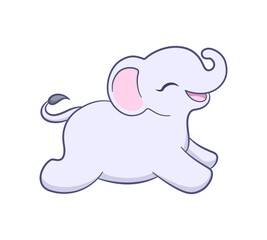 Cute baby elephant running cartoon illustration. Animal mammal with big ears and trunk clipart for kids.