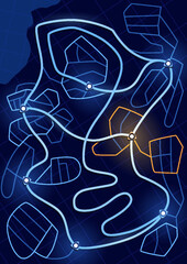 Navigation map game. Futuristic UI for city streets roadmap, gps orientation, app vector template. Road direction in digital navigation map on screen display