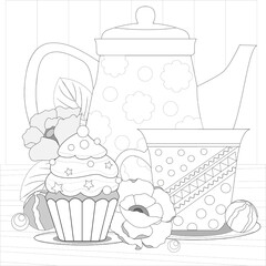 Tea pot, cup, cupcake, flowers for coloring book page. Vector illusrtation