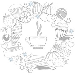 Tea time. Coffe cup, delicious, cupcake, sweets, ice cream, flowers, berries, hearts, stars. Coloring book page. Vector illustration