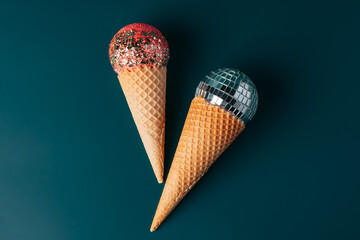 Christmas fun decorative fake ice cream cone on dark green background