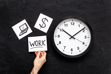 Wall clock and office work signs and icons. Time to work.
