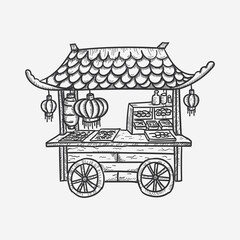 Hand drawn asian food truck stall vector drawing, illustration