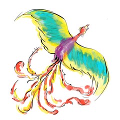 Phoenix digital watercolor illustration on the white background	