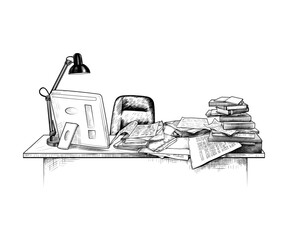.Messy table illustration. Desk with pile of books and papers, computer and table lamp. Vector monochrome sketch.