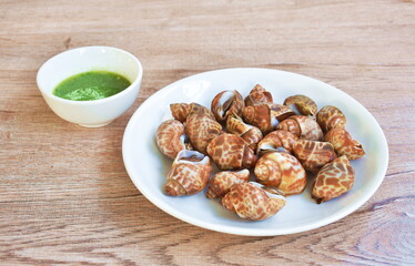 grilled spotted or areola Babylon on plate dipping with Thai spicy seafood sauce