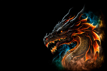 Fire dragon head on a black background. Generative AI Illistration of ancient red dragon on black background. Dragons background. Place for text.