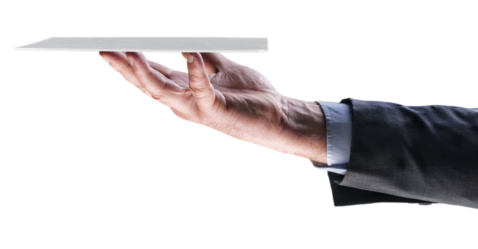 Businessman hand holds virtual panel