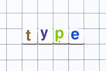 Colorful tile letter in word type on white grid background
