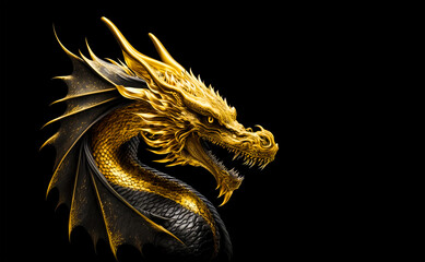 Gold dragon head on a black background. Generative AI Illistration of ancient golden metal dragon on black background. Dragons background. Place for text.