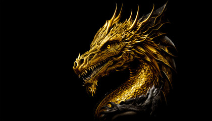Gold dragon head on a black background. Generative AI Illistration of ancient golden metal dragon on black background. Dragons background. Place for text.