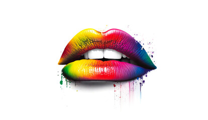 Colorful female lips with lip gloss and - obrazy, fototapety, plakaty