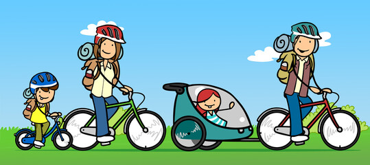 Obraz premium Family and two children ride bikes in nature with trailer