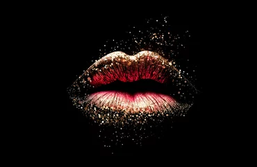 Fotobehang Colorful female lips with paint leaks and drops on white background. Red and gold perfect female lips. Generative AI rainbow female lips illustration. Free love or lips cosmetics design concept. © Sergie