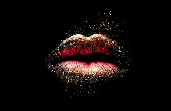 Colorful female lips with paint leaks and drops on white background. Red and gold perfect female lips. Generative AI rainbow female lips illustration. Free love or lips cosmetics design concept.