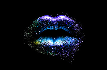 Colorful female lips with paint particles and drops on white background. Blue and purple paint female lips. Generative AI rainbow female lips illustration. Free love or lips cosmetics design concept. - obrazy, fototapety, plakaty