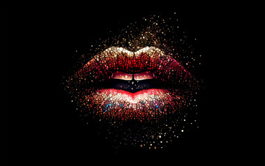 Colorful female lips with paint particles and drops on white background. Red glitter female lips. Generative AI rainbow female lips illustration. Free love or lips cosmetics design concept. - obrazy, fototapety, plakaty