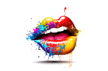 Colorful female lips with paint leaks and drops on white background. Rainbow paint female lips. Generative AI rainbow female lips illustration. Free love or lips cosmetics design concept. - obrazy, fototapety, plakaty