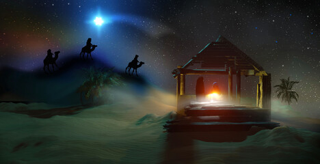 Nativity Scene in Bethlehem with Baby Jesus in manger, Virgin Mary, Joseph and kings - Three Wise Men riding on camels.