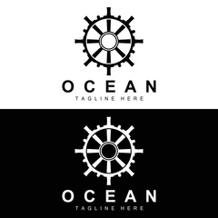 Ship Steering Logo, Ocean Icons Ship Steering Vector With Ocean Waves, Sailboat Anchor And Rope, Company Brand Sailing Design