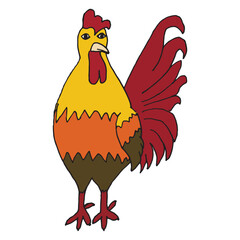 Multicolored rooster with feathers stands. Farm cock icon.