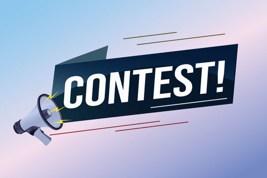 contest megaphone loud speaker design for ribbon banner poster. lettering with geometric shapes lines. advertising Vector illustration modern alert typographic blue color design template.	