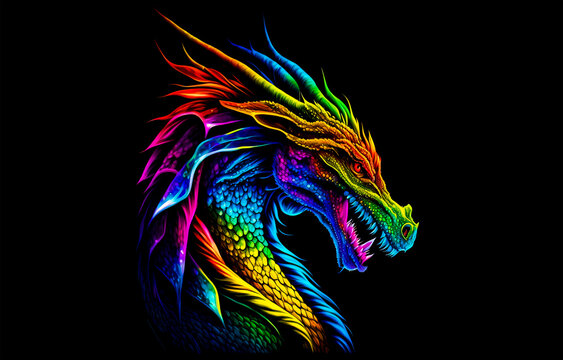 Rainbow dragon head on a black background. Generative AI Illistration of ancient dragon on black background. Dragons background. Place for text.