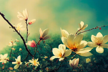 Obraz na płótnie Canvas Spring flowers background. Springtime blossom postcard background. Generative AI spring flowers illustration. Spring flowers postcard background.