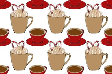 Hot drink seamles pattern. Coffee shop collection. Cups of coffee with sweets and spices. Textile and packaging design.