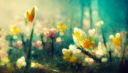 Fototapeta na wymiar Spring flowers background. Springtime blossom postcard background. Generative AI spring flowers illustration. Spring flowers postcard background.