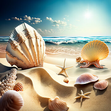 Starfishes and seashells on the summer beach near ocean surf. Summer vacation background. Summer time travel postcard or banner background. Generative AI ocean summer vacation illustration.