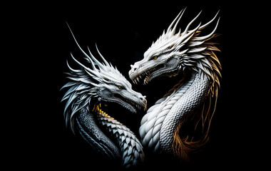 Two white dragons head on a black background. Generative AI Illistration of ancient white dragons on black background. Dragons background. Place for text.