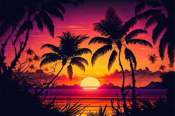 Obraz na płótnie Canvas Vacation on a tropical island. Sunset at tropical heaven. Travel postcard or banner background with place for text. Sunset on a tropic island. Generative AI summer vacation illustration.