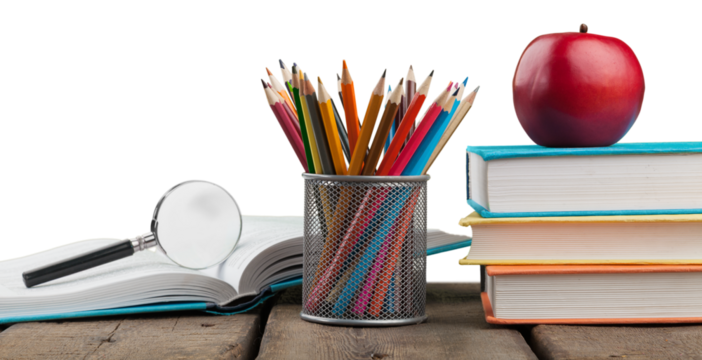 Stack school books with colorful pencils on a desk