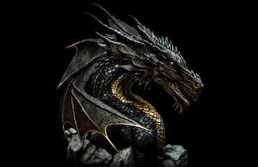 Stone dragon head on a black background. Generative AI Illistration of ancient black rock dragon on black background. Dragons background. Place for text.