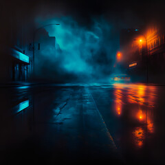 Wet asphalt with reflection of neon lightsin a neon smoke. Abstract blue and orange light in a dark empty street with fog. Dark city background scene. Generative AI night city view.