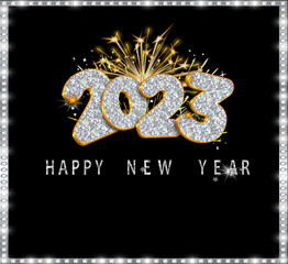 happy new year festive in winter season event ornament abstract creative luxury iron greeting metallic  design silver golden and  fun black and silver  bright light shine fireworks elegance magic work