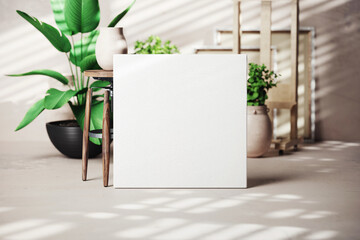 Square canvas frame in art workshop mockup. 3D rendering