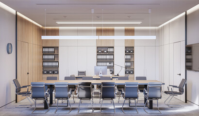 A large office, the meeting area is separated by a glass partition with a large wooden table and chairs with a computer. Office of an investment, real estate company in a modern style 3d rendering.