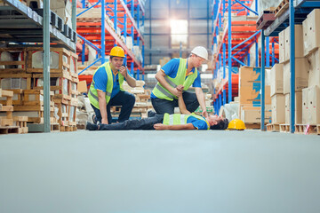 Panoramic Warehouse worker do first aid to his colleague lying down on warehouse floor after accident while working. Using for industrial safety first and business insurance concept.
