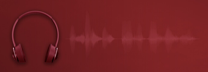 podcast or music listening red banner with headphones and audio waveform
