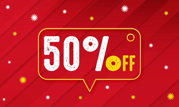 50 percent off sale banner with speech box. Discount offer or sale tag for 50 percent off with red modern background	