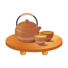 Japanese teapot with cups on table. Asian tea ceremony. Asian food. Colorful vector illustration isolated on white background.