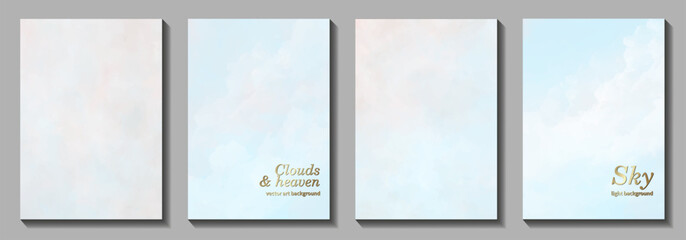 Blue vector set watercolor art background with white clouds and blue sky. Hand drawn vector texture. Heaven. Watercolour banner. Abstract template for flyers, cards, poster, cover or design interior.
