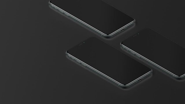 Two stylish smartphones on black background walk up, spinning. Presentation of new mobile devices equipped with camera and touch screen display with image of abstract moving neon waves. 3D rendering